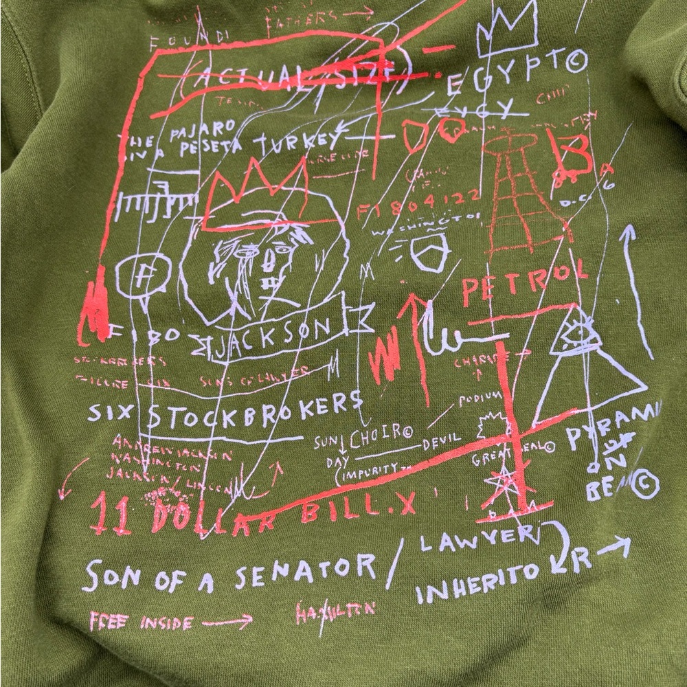 Jean-Michel Basquiat Tartown Record Spell out Hoodie Olive Green Med Urban - Picture 4 of 8